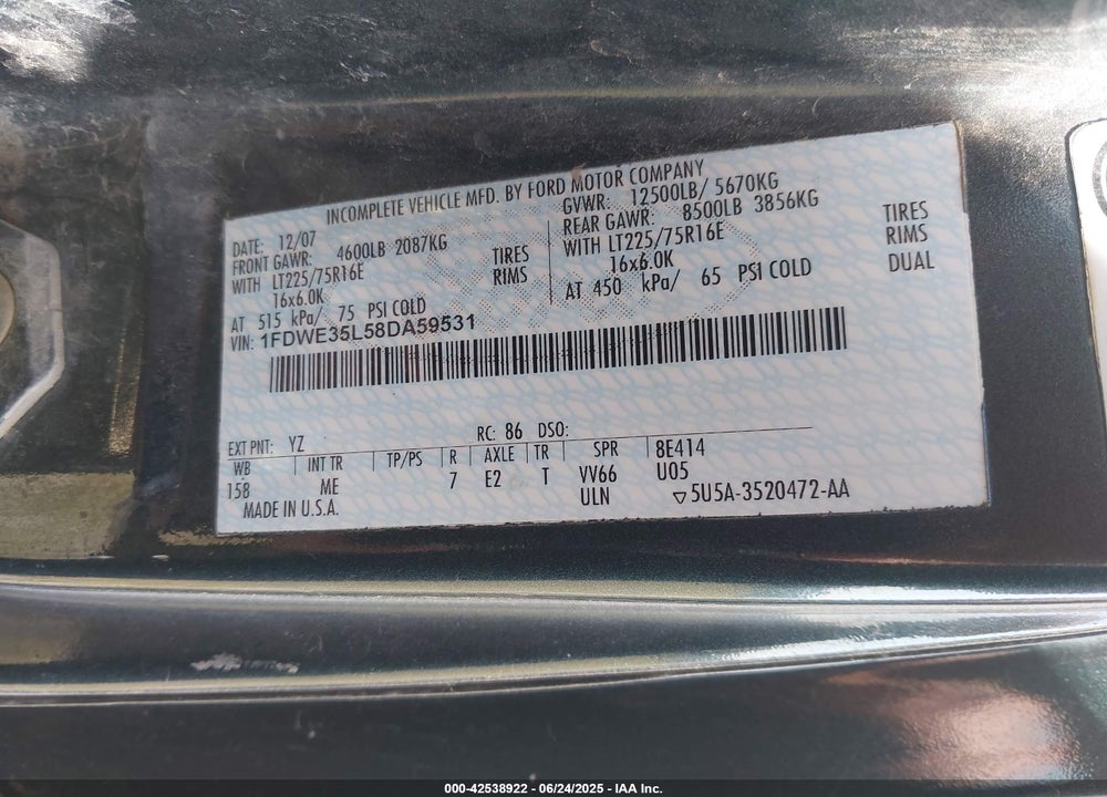 2008 FORD E-350 CUTAWAY VIN: 1FDWE35L58DA59531