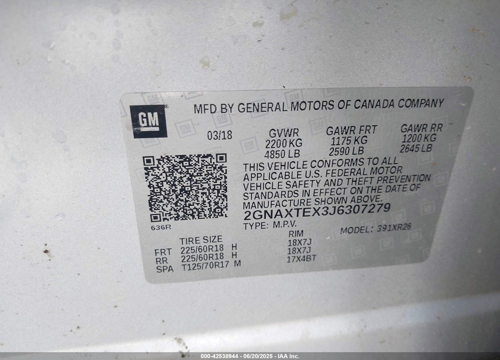 2018 CHEVROLET EQUINOX VIN: 2GNAXTEX3J6307279