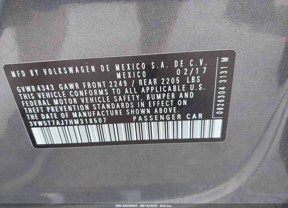 2017 VOLKSWAGEN JETTA GLI VIN: 3VW5T7AJ7HM318507