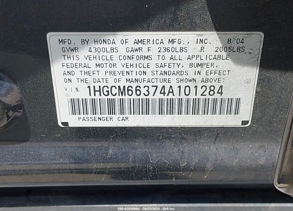2004 HONDA ACCORD 3.0 LX VIN: 1HGCM66374A101284