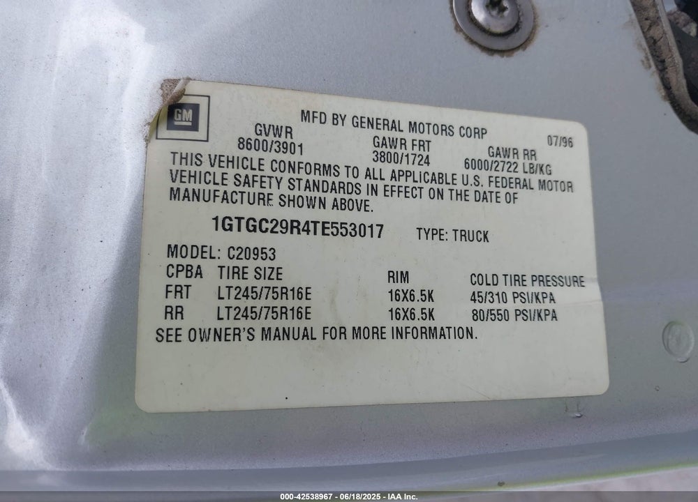 1996 GMC SIERRA C2500 VIN: 1GTGC29R4TE553017