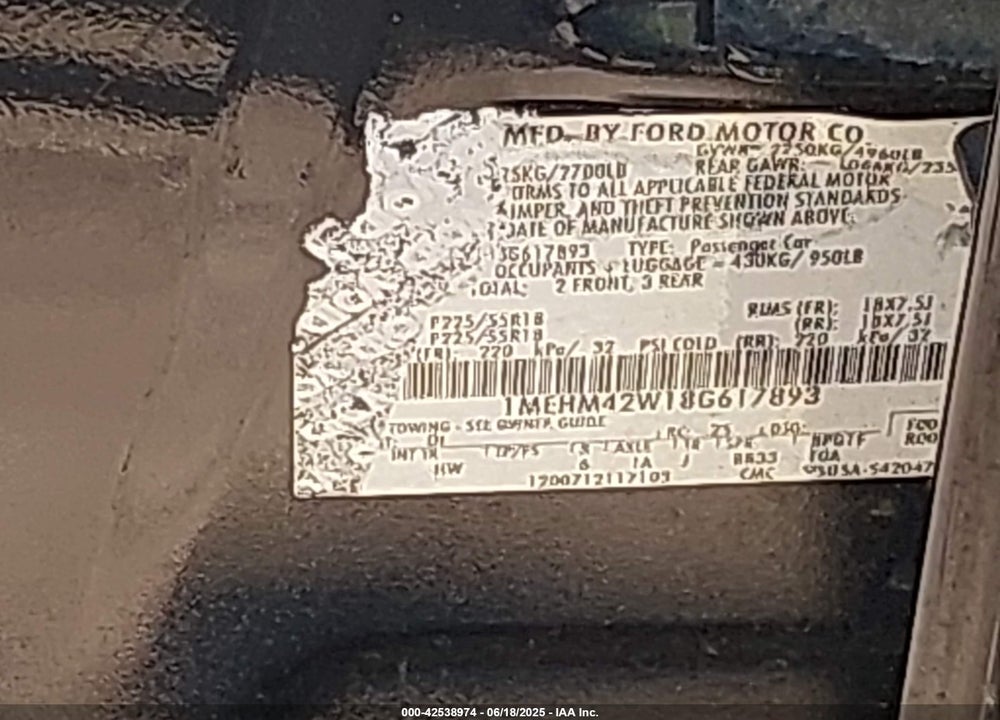 2008 MERCURY SABLE VIN: 1MEHM42W18G617893