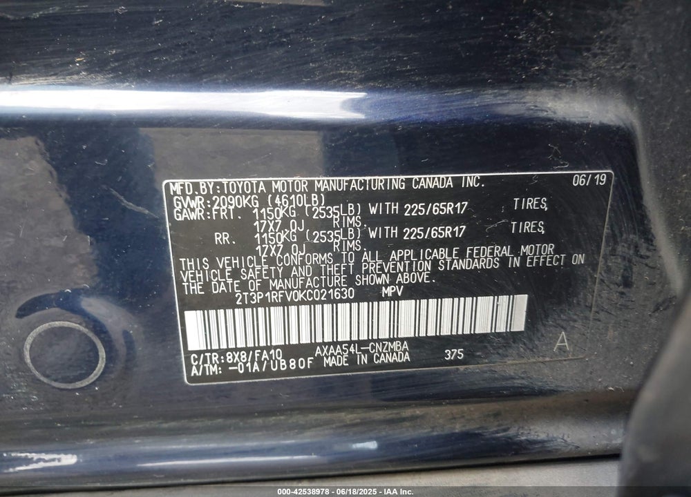 2019 TOYOTA RAV4 VIN: 2T3P1RFV0KC021630
