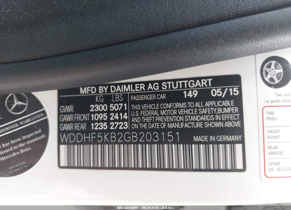 2016 MERCEDES-BENZ E-CLASS VIN: WDDHF5KB2GB203151