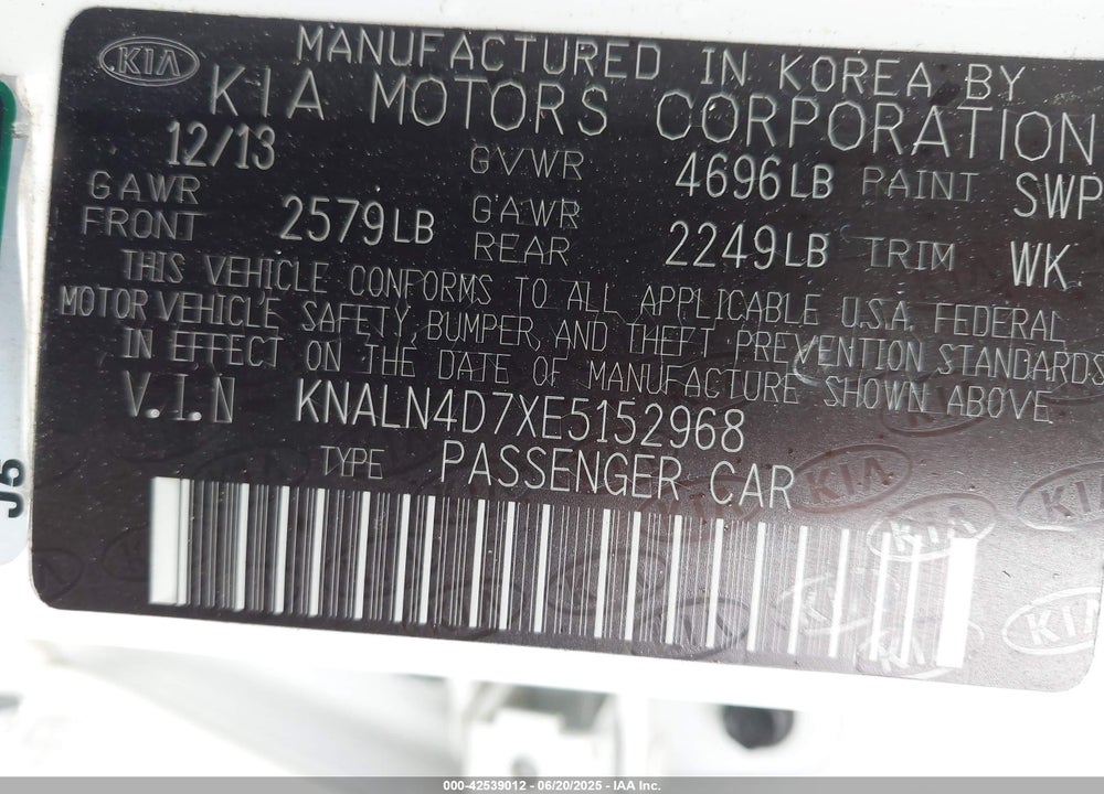 2014 KIA CADENZA VIN: KNALN4D7XE5152968