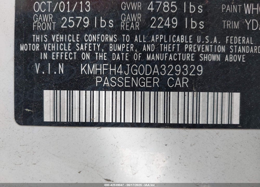 2013 HYUNDAI AZERA VIN: KMHFH4JG0DA329329