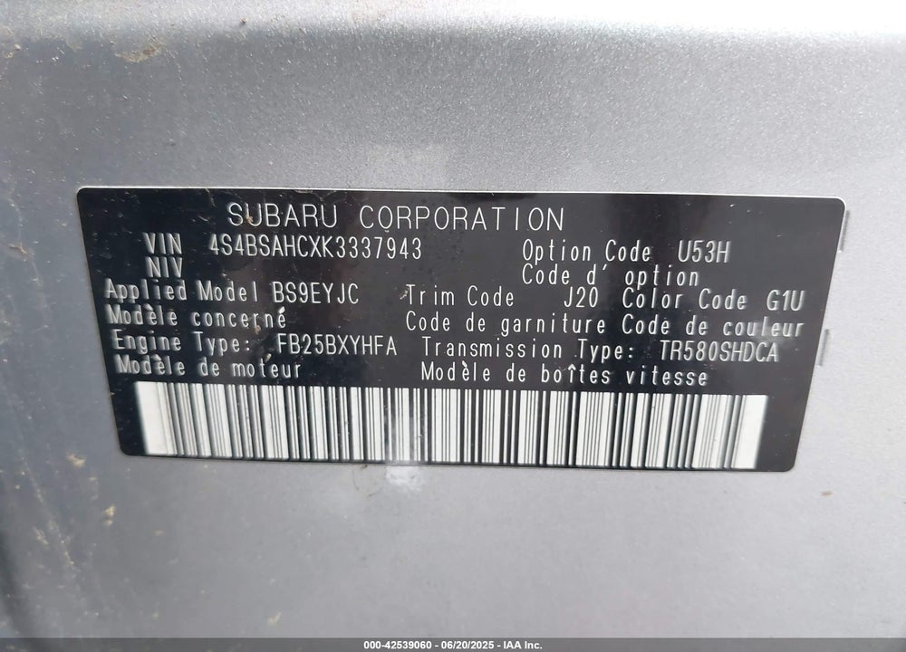 2019 SUBARU OUTBACK VIN: 4S4BSAHCXK3337943