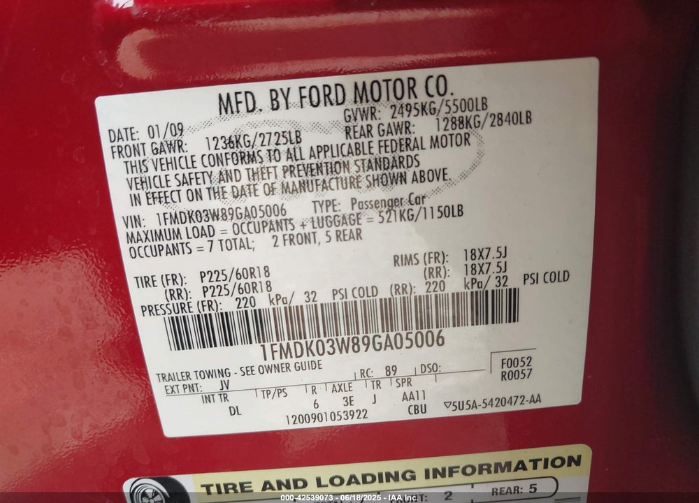 2009 FORD TAURUS X VIN: 1FMDK03W89GA05006