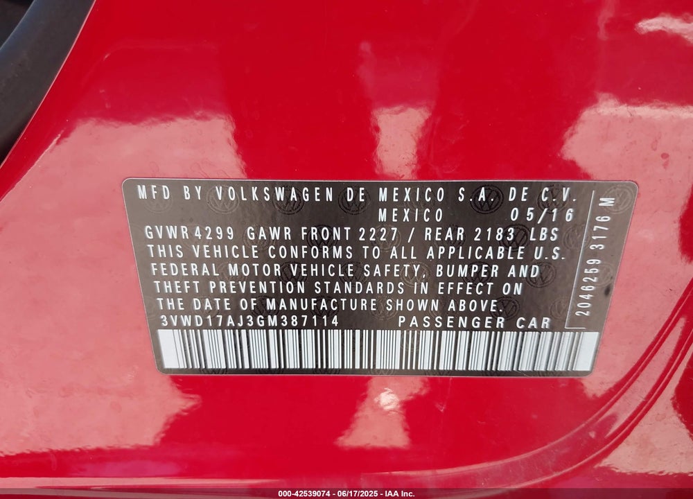 2016 VOLKSWAGEN JETTA VIN: 3VWD17AJ3GM387114