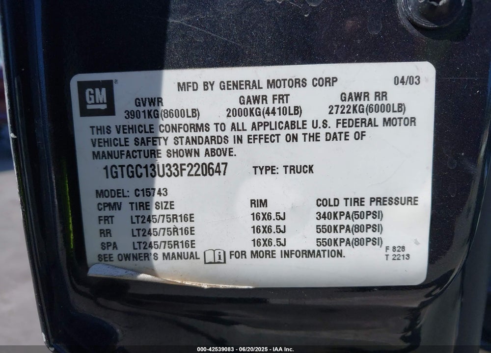 2003 GMC SIERRA 1500HD SLE VIN: 1GTGC13U33F220647