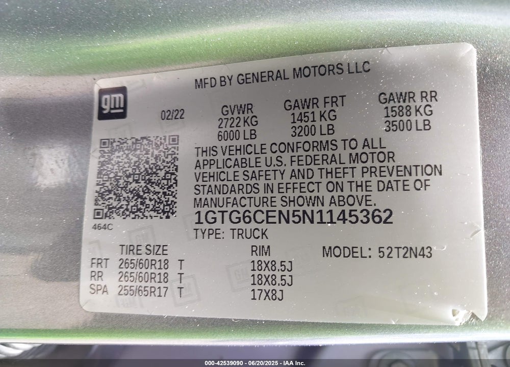 2022 GMC CANYON VIN: 1GTG6CEN5N1145362