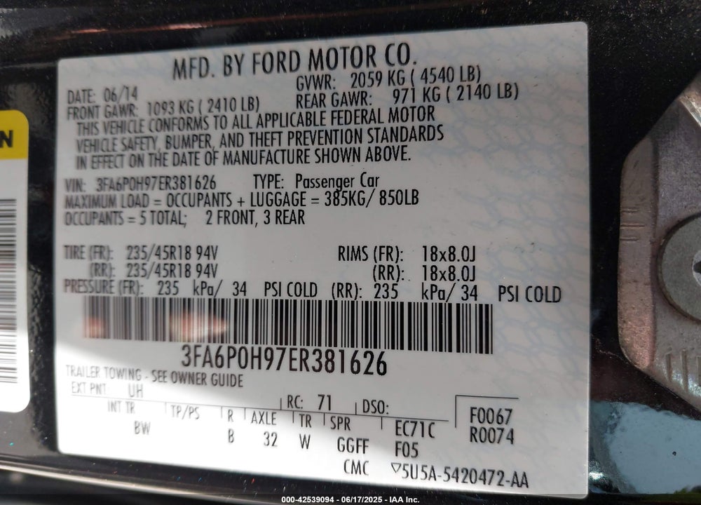 2014 FORD FUSION SE VIN: 3FA6P0H97ER381626