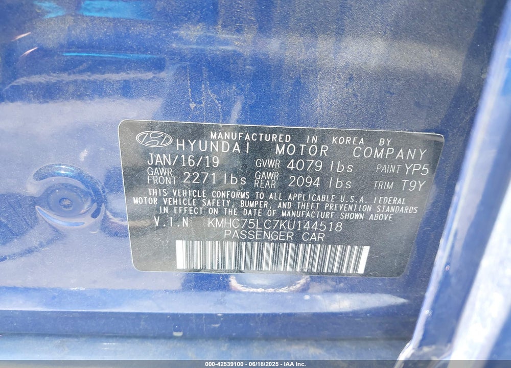 2019 HYUNDAI IONIQ VIN: KMHC75LC7KU144518