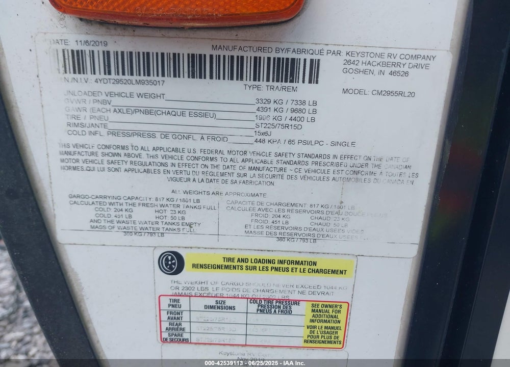2020 COLEMAN --- VIN: 4YDT29520LM935017