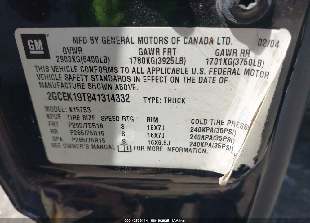 2004 CHEVROLET SILVERADO 1500 Z71 VIN: 2GCEK19T841314332