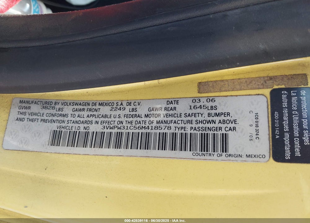 2006 VOLKSWAGEN NEW BEETLE 2.5 VIN: 3VWPW31C56M418578