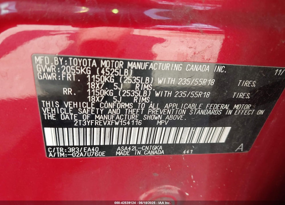 2015 TOYOTA RAV4 VIN: 2T3YFREVXFW154116