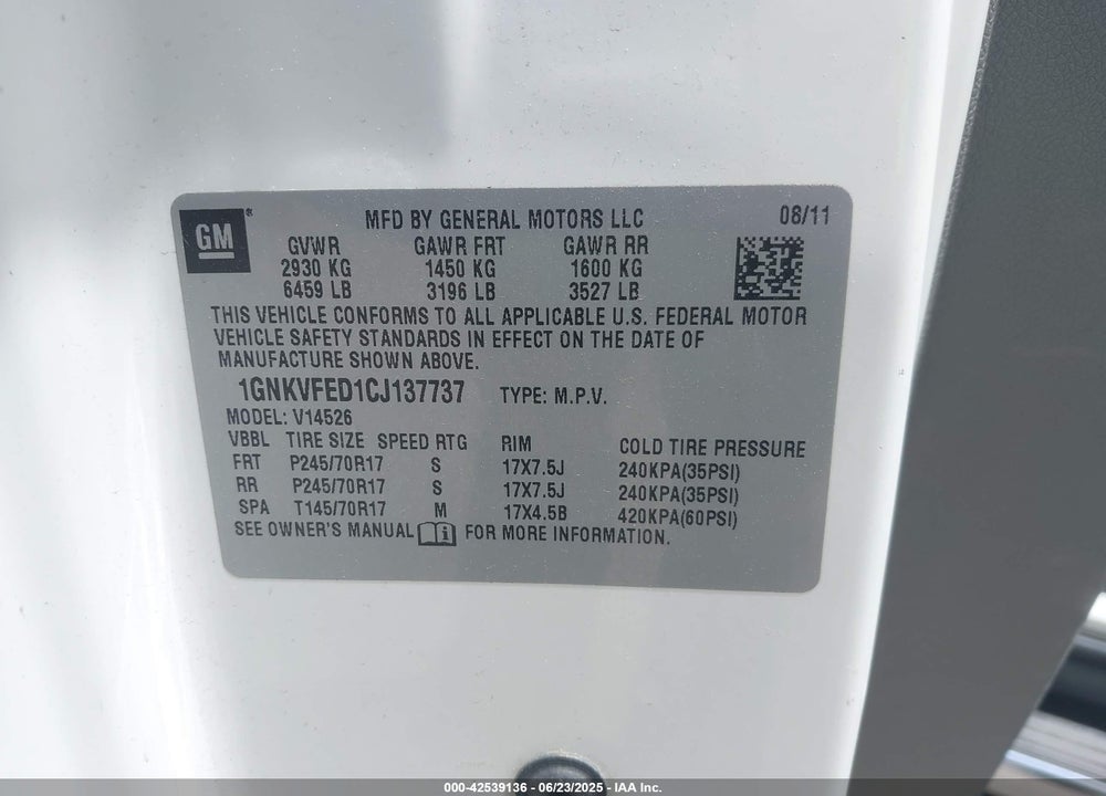 2012 CHEVROLET TRAVERSE VIN: 1GNKVFED1CJ137737