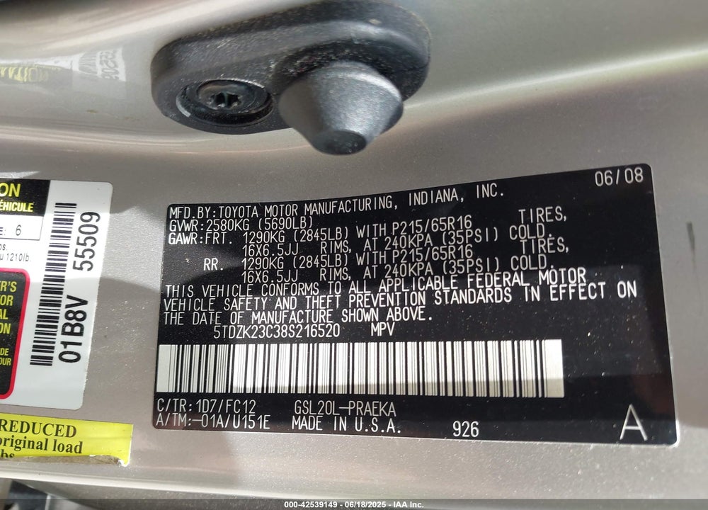 2008 TOYOTA SIENNA LE VIN: 5TDZK23C38S216520