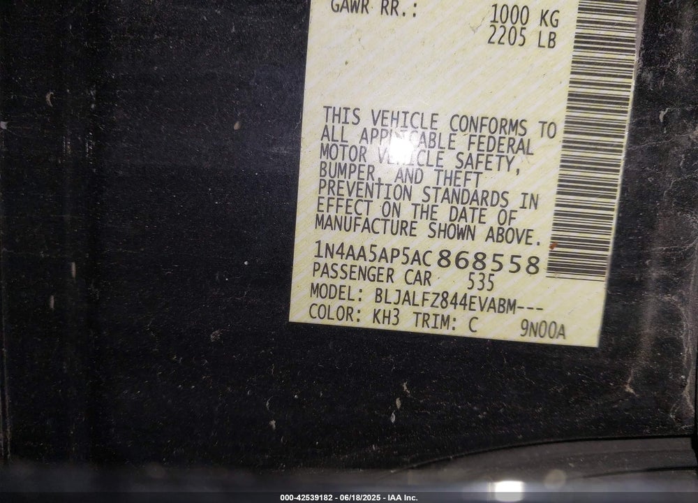 2010 NISSAN MAXIMA VIN: 1N4AA5AP5AC868558