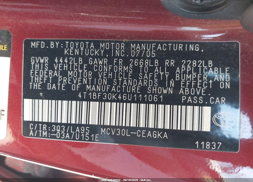 2006 TOYOTA CAMRY XLE V6 VIN: 4T1BF30K46U111061
