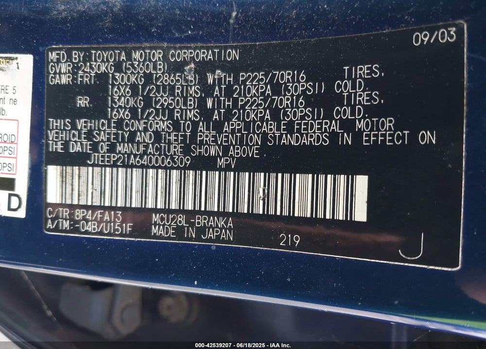2004 TOYOTA HIGHLANDER V6 VIN: JTEEP21A640006309