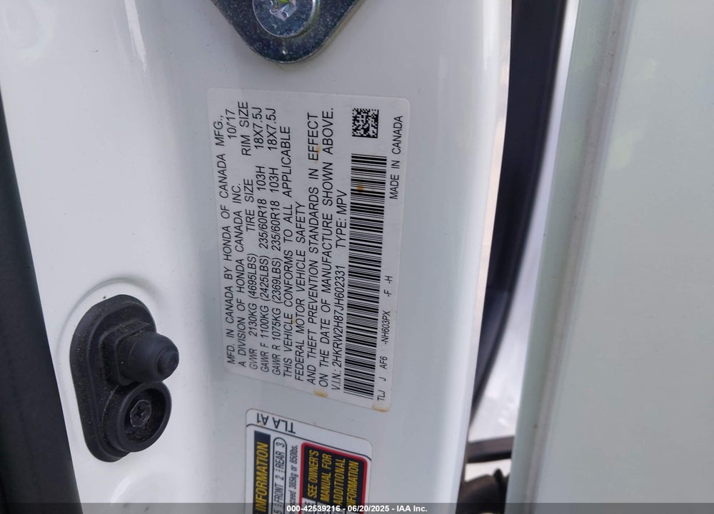 2018 HONDA CR-V VIN: 2HKRW2H87JH602331