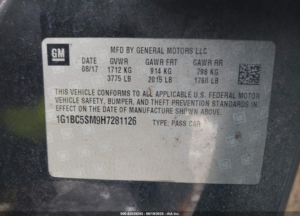 2017 CHEVROLET CRUZE VIN: 1G1BC5SM9H7281126