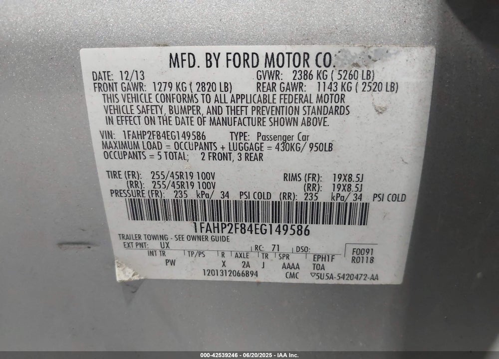 2014 FORD TAURUS VIN: 1FAHP2F84EG149586