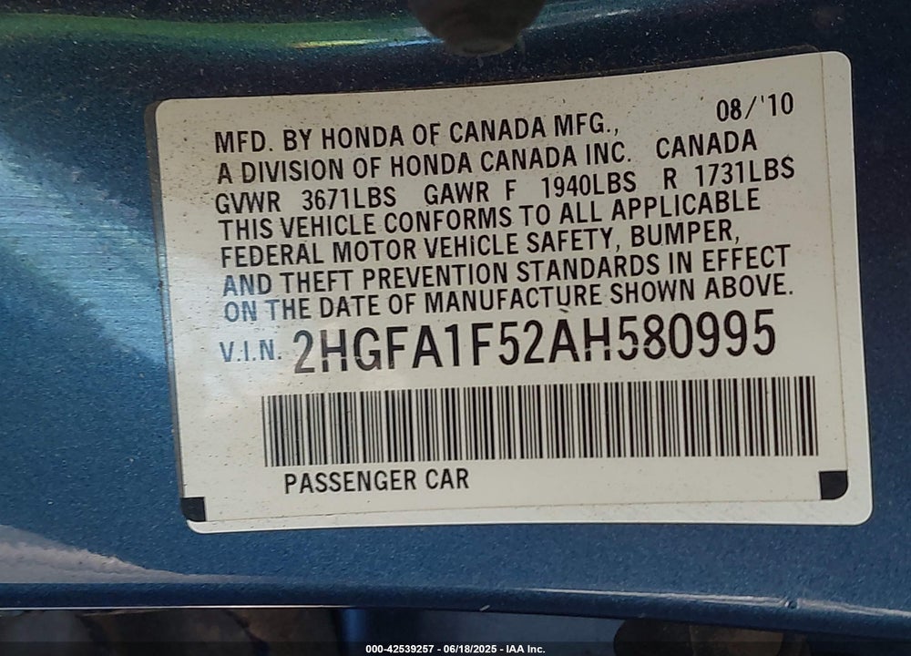 2010 HONDA CIVIC VIN: 2HGFA1F52AH580995