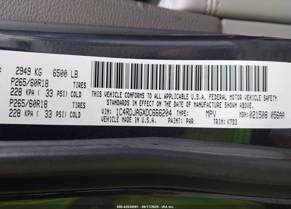 2013 DODGE DURANGO SXT VIN: 1C4RDJAGXDC666204