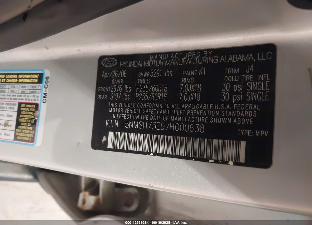 2007 HYUNDAI SANTA FE VIN: 5NMSH73E97H000638