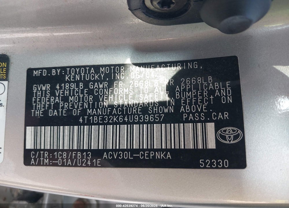 2004 TOYOTA CAMRY LE VIN: 4T1BE32K64U939657