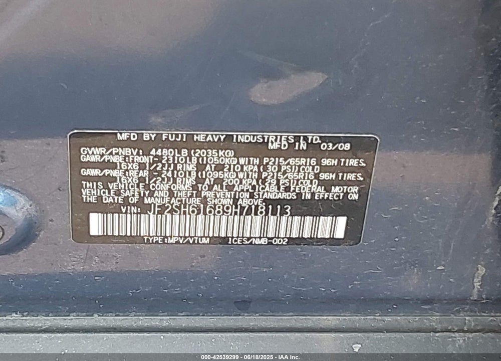 2009 SUBARU FORESTER VIN: JF2SH61689H718113