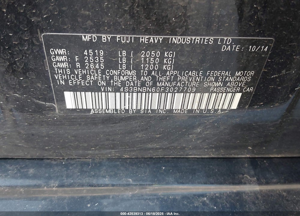 2015 SUBARU LEGACY 2.5I LIMITED VIN: 4S3BNBN60F3027709