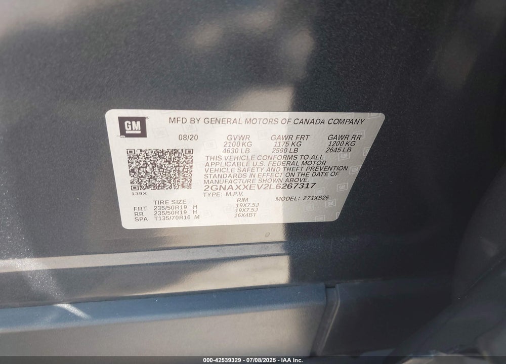 2020 CHEVROLET EQUINOX VIN: 2GNAXXEV2L6267317