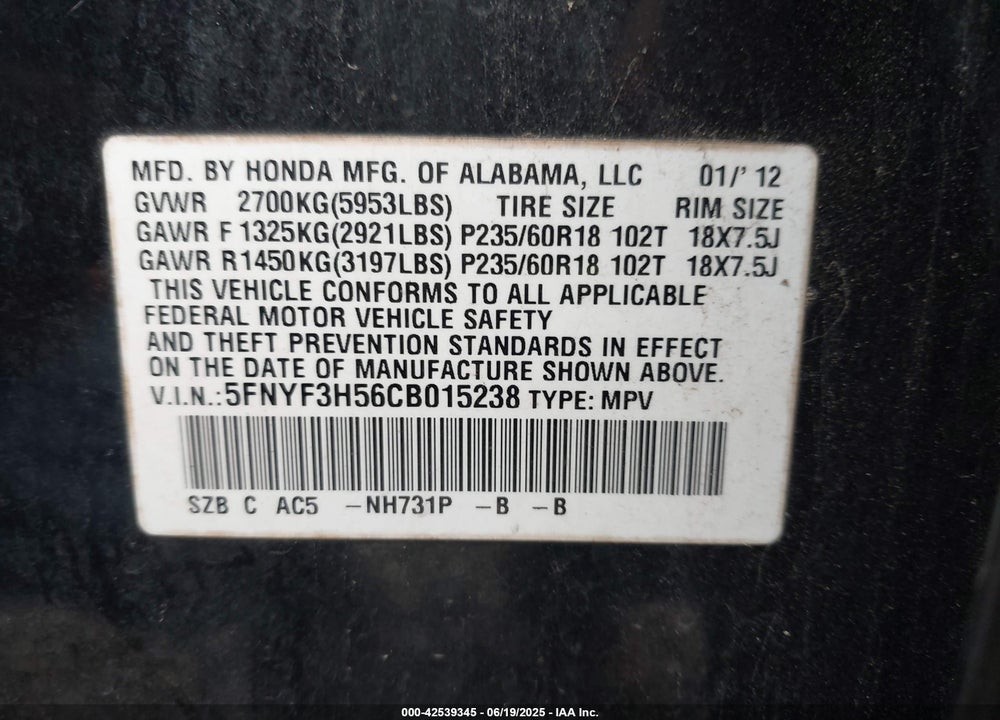 2012 HONDA PILOT EX-L VIN: 5FNYF3H56CB015238