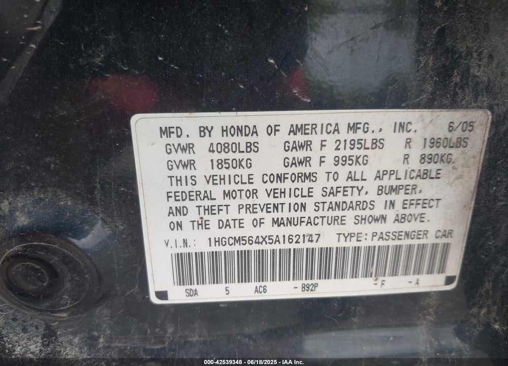 2005 HONDA ACCORD 2.4 LX VIN: 1HGCM564X5A162147