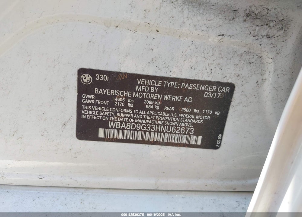 2017 BMW 3 SERIES VIN: WBA8D9G33HNU62673