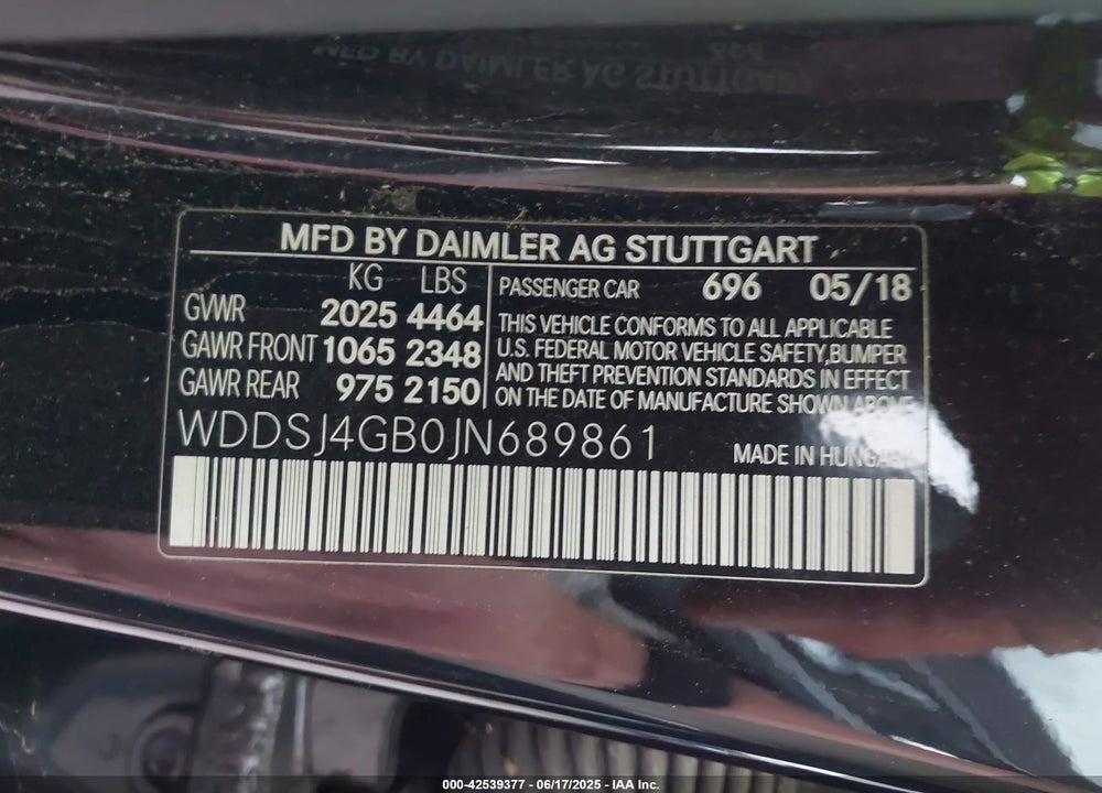 2018 MERCEDES-BENZ CLA 250 VIN: WDDSJ4GB0JN689861