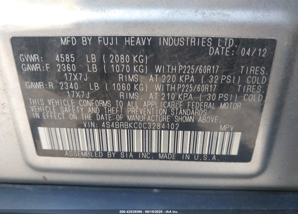 2012 SUBARU OUTBACK VIN: 4S4BRBKC0C3284102