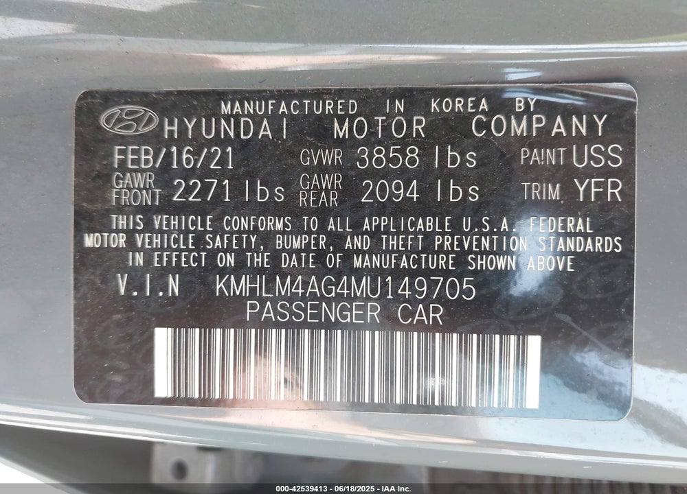 2021 HYUNDAI ELANTRA VIN: KMHLM4AG4MU149705