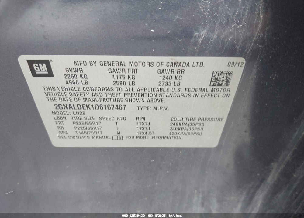 2013 CHEVROLET EQUINOX VIN: 2GNALDEK1D6167467