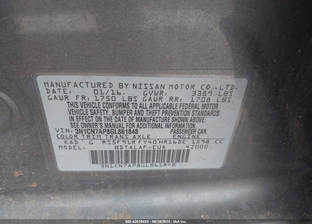 2016 NISSAN VERSA 1.6 S+ VIN: 3N1CN7AP8GL861848
