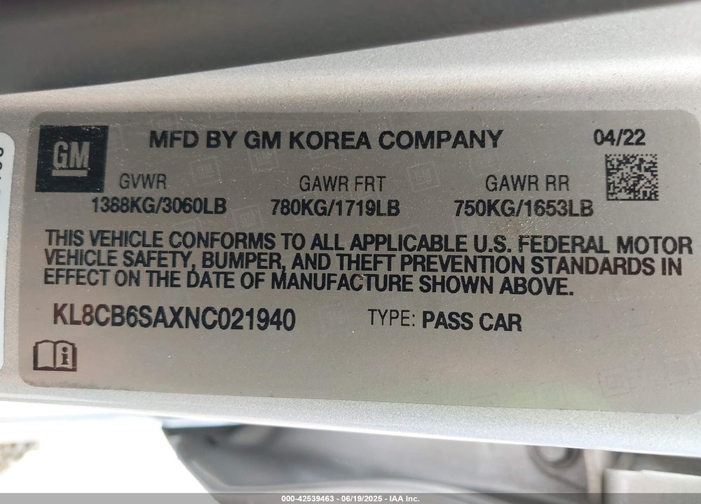 2022 CHEVROLET SPARK VIN: KL8CB6SAXNC021940