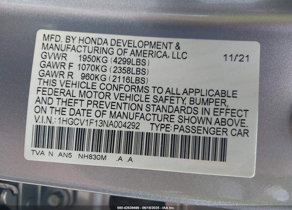 2022 HONDA ACCORD VIN: 1HGCV1F13NA004292