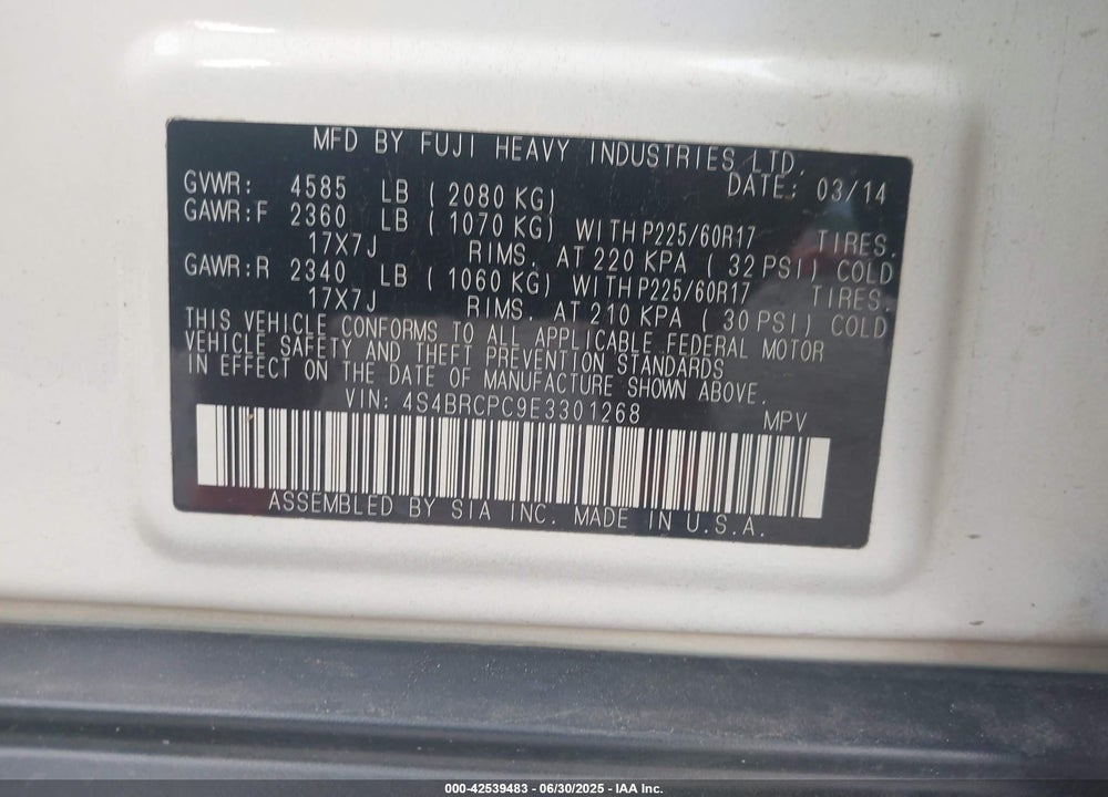 2014 SUBARU OUTBACK VIN: 4S4BRCPC9E3301268