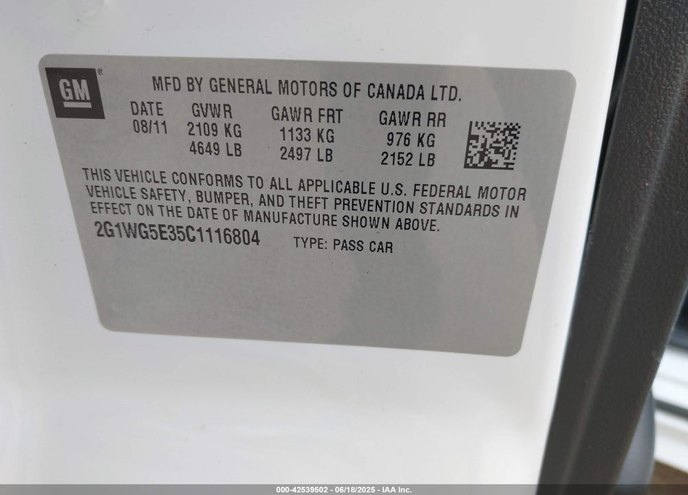 2012 CHEVROLET IMPALA VIN: 2G1WG5E35C1116804