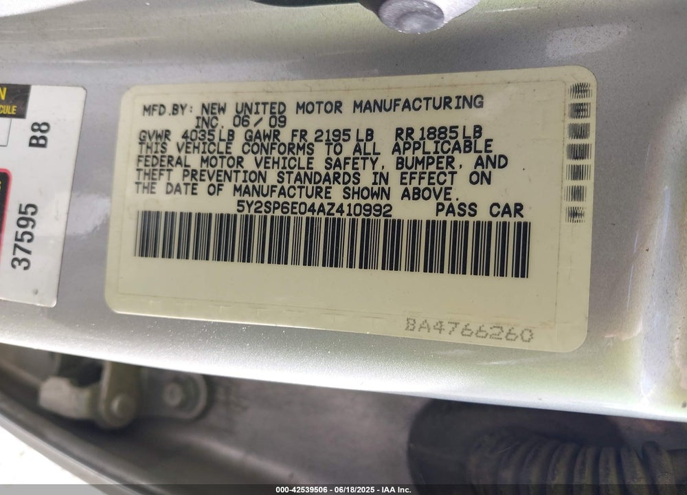 2010 PONTIAC VIBE VIN: 5Y2SP6E04AZ410992