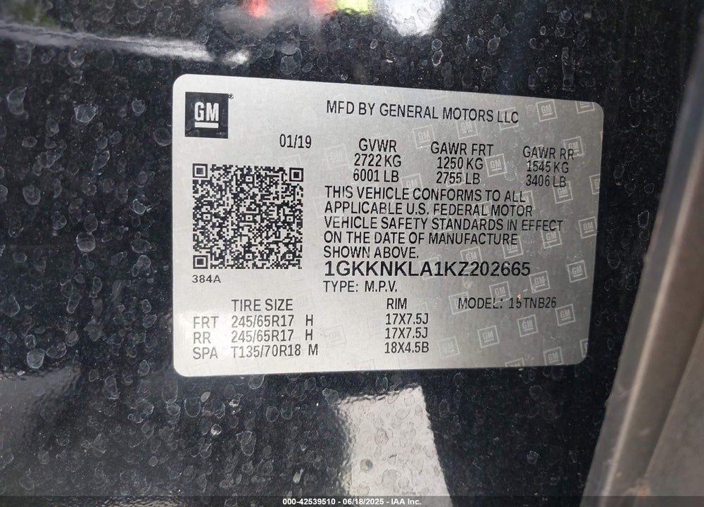 2019 GMC ACADIA VIN: 1GKKNKLA1KZ202665